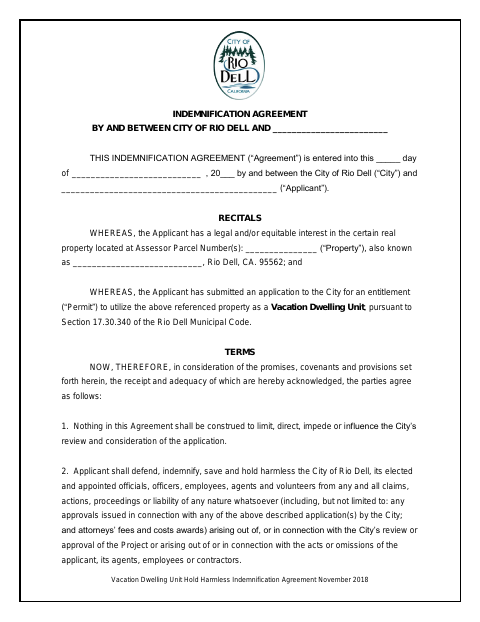 First page of the Vacation Dwelling Unit Indemnification Agreement
