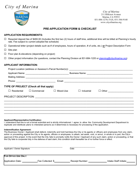 First page of the Pre-Application Form & Checklist