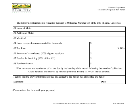 First page of the Transient Occupancy Tax Return