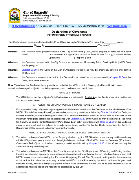 First page of the Declaration of Covenants for Moderately Priced Dwelling Units