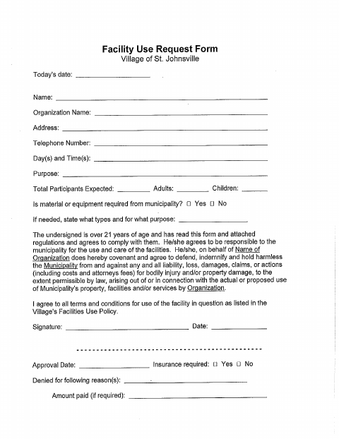 First page of the Facility Use Request Form