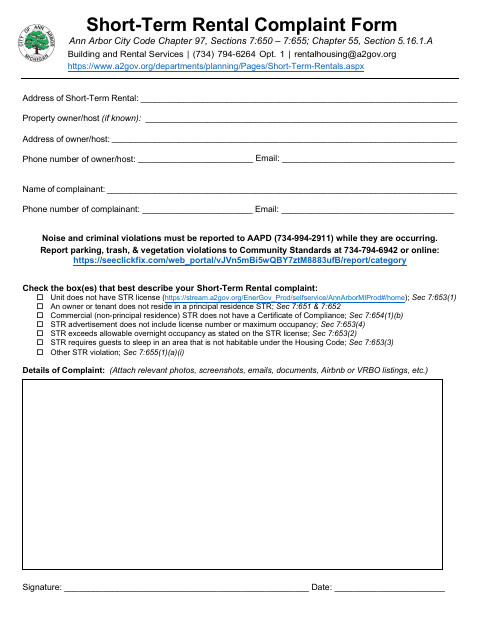 First page of the Short-Term Rental Complaint Form