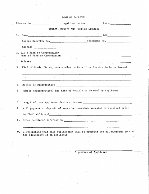 First page of the Vendor, Hawker, and Peddler License Application