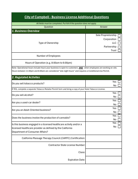 First page of the Business License Additional Questions