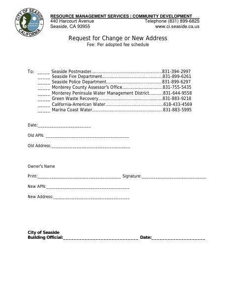 First page of the Request for Change or New Address