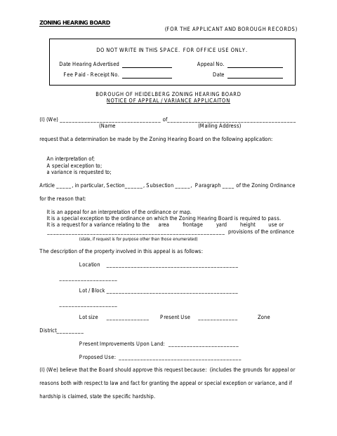 First page of the Zoning Hearing Board Notice of Appeal / Variance Application