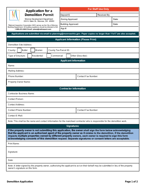 First page of the Demolition Permit Application