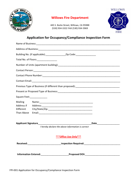 First page of the Application for Occupancy/Compliance Inspection