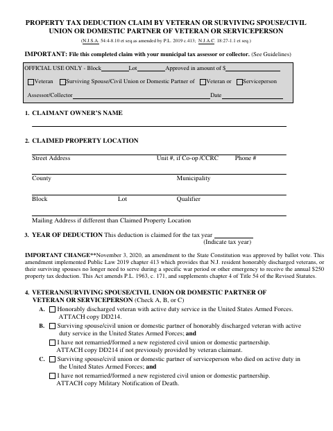 First page of the Property Tax Deduction Claim by Veteran or Surviving Spouse