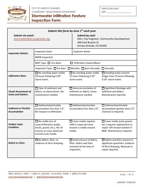 First page of the Stormwater Infiltration Feature Inspection Form