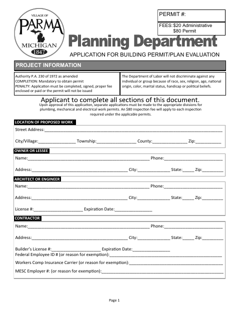 First page of the Application for Building Permit/Plan Evaluation