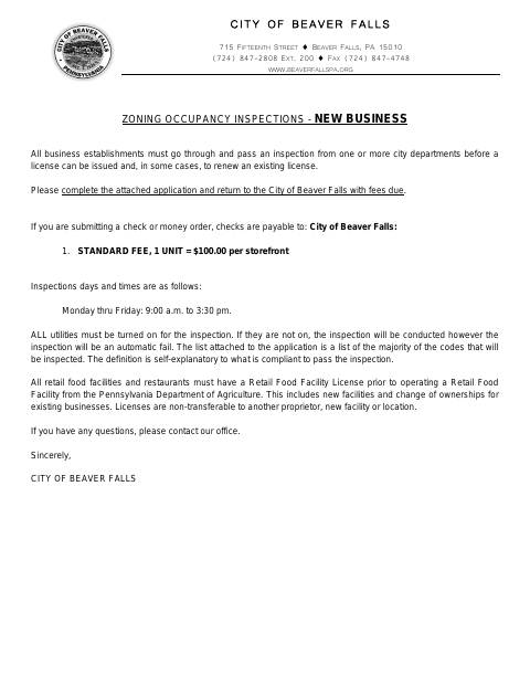 First page of the Zoning Occupancy Application – New Business