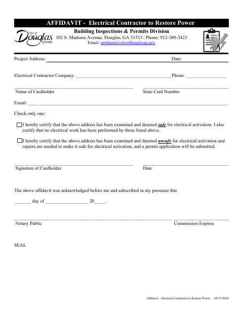 First page of the Affidavit - Electrical Contractor to Restore Power