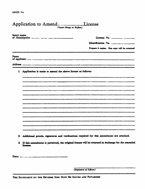 First page of the Application to Amend Bingo or Raffles License