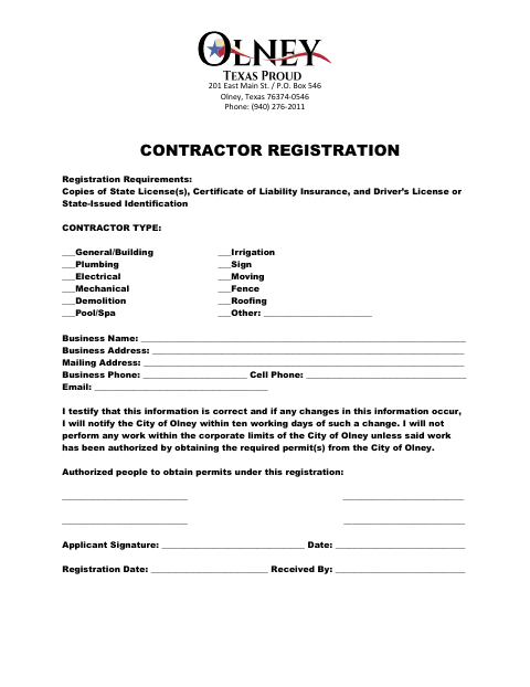 First page of the Contractor Registration