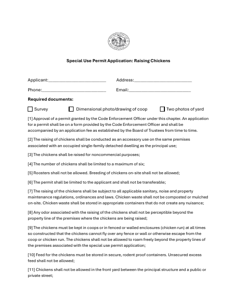First page of the Special Use Permit Application: Raising Chickens