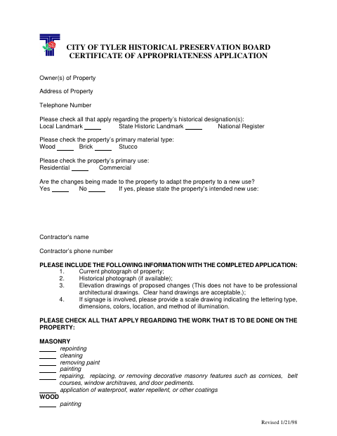 First page of the Certificate of Appropriateness Application