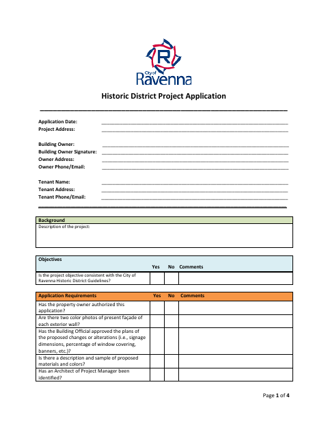 First page of the Historic District Project Application