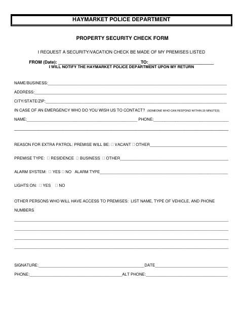 First page of the Property Security Check Form