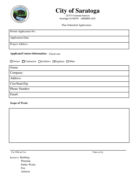 First page of the Plan Submittal Application