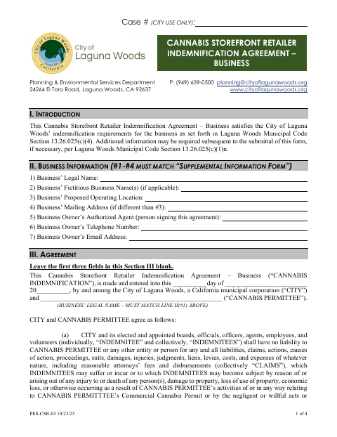First page of the Cannabis Storefront Retailer Indemnification Agreement – Business