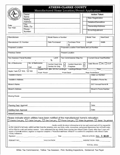 First page of the Manufactured Home Location/Permit Application