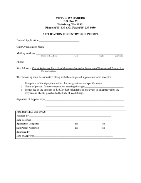 First page of the Entry Sign Permit Application
