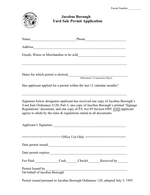 First page of the Yard Sale Permit Application
