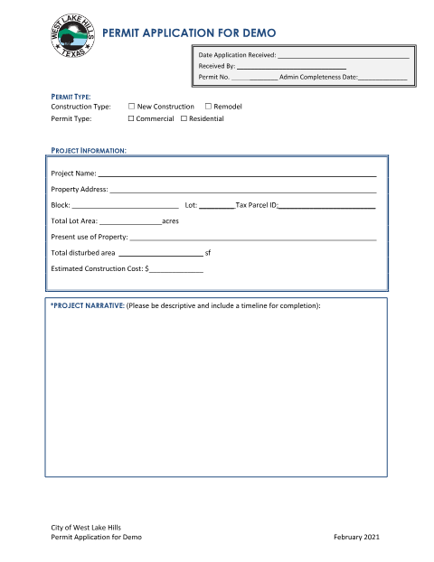 First page of the Demo Permit Application