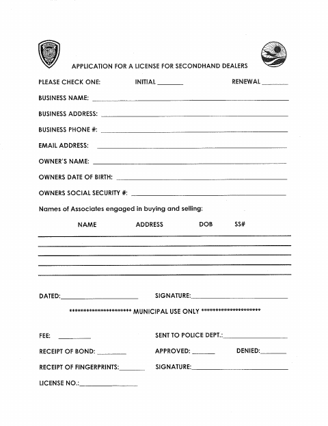 First page of the Secondhand Dealers License Application