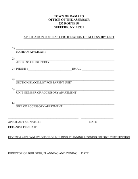 First page of the Application for Size Certification of Accessory Unit