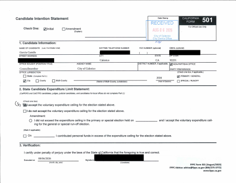 First page of the Candidate Intention Statement