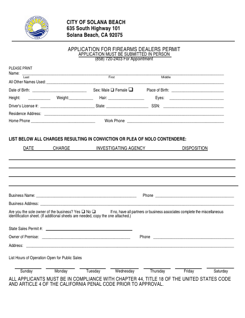 First page of the Application for Firearms Dealers Permit