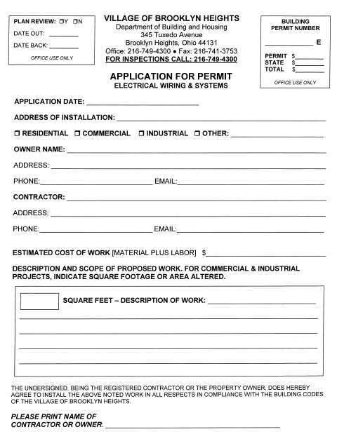 First page of the Electrical Permit Application