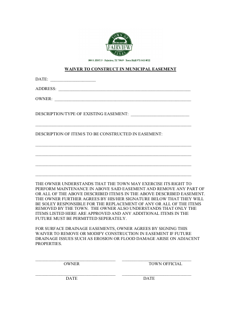 First page of the Waiver to Construct in Municipal Easement