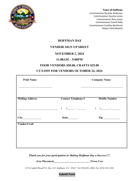 First page of the Hoffman Day Vendor Sign Up Sheet