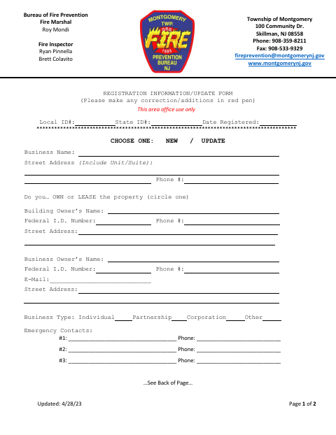 First page of the Registration Information/Update Form