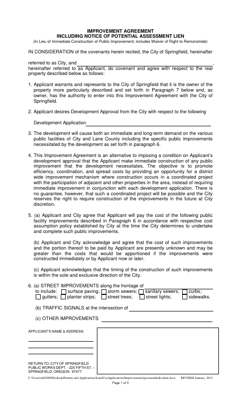 First page of the Individual Improvement Agreement
