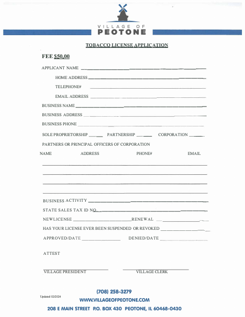 First page of the Tobacco License Application