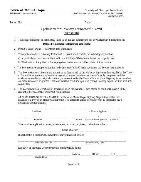 First page of the Application for Driveway Entrance/Exit Permit
