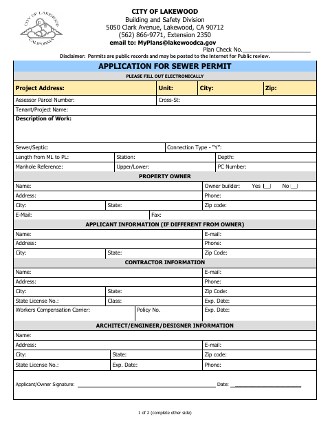 First page of the Application for Sewer Permit