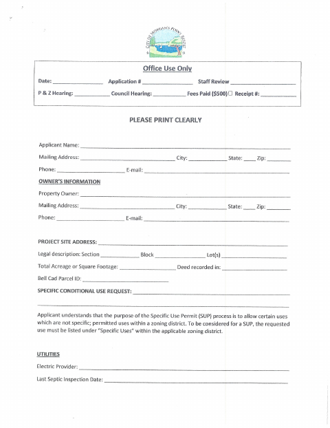 First page of the Specific Use Permit Application