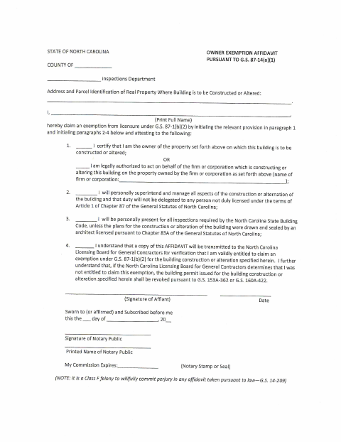 First page of the Owner Exemption Affidavit