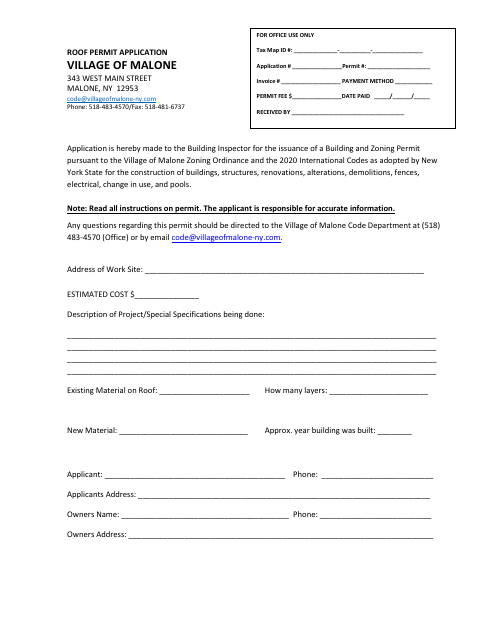 First page of the Roof Permit Application