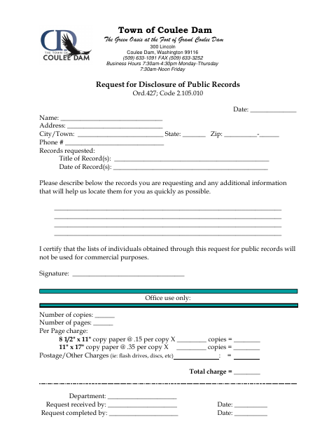 First page of the Request for Disclosure of Public Records