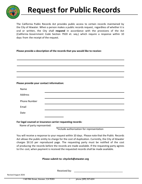 First page of the Request for Public Records