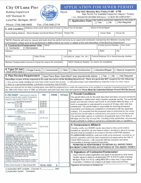 First page of the Sewer Permit Application