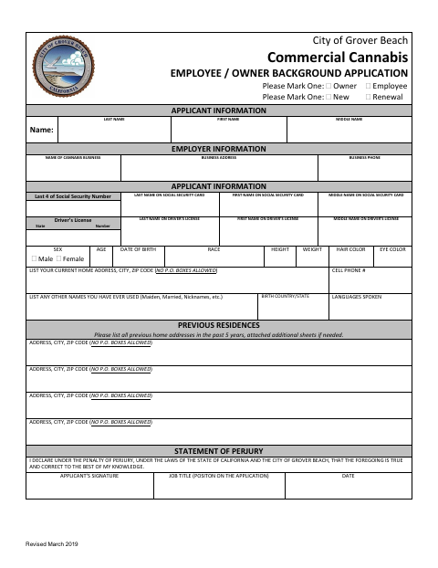First page of the Commercial Cannabis Employee/Owner Background Application