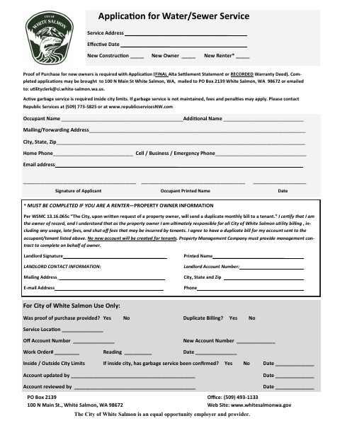 First page of the Application for Water/Sewer Service
