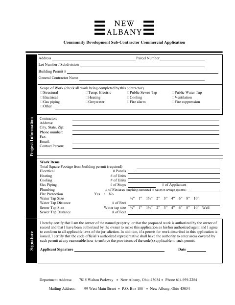 First page of the Sub-Contractor Commercial Application